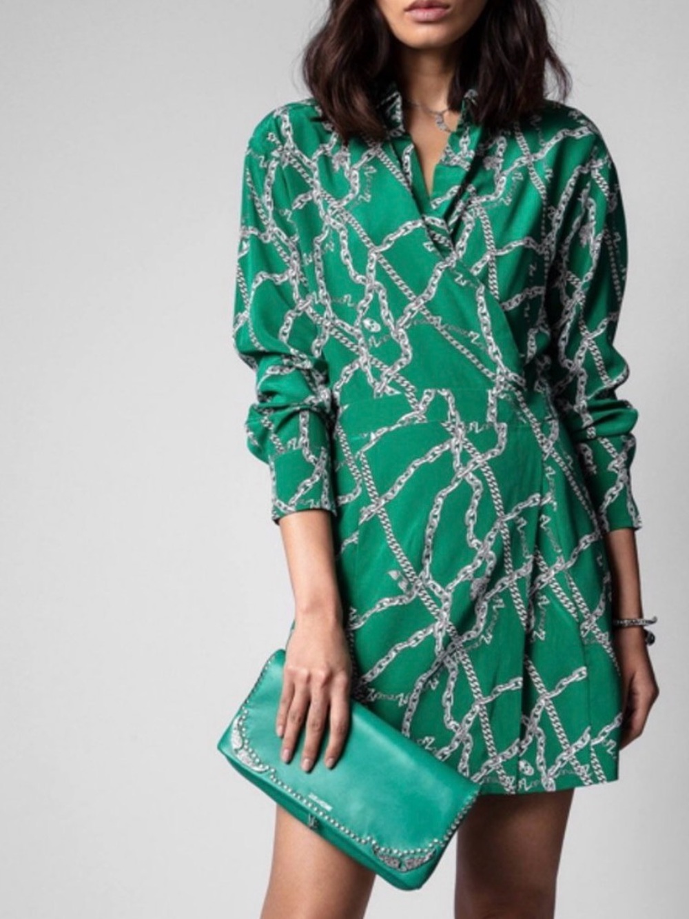 Zadig & Voltaire Ravy Chains Printed Long Sleeve Silk Dress Green Size S